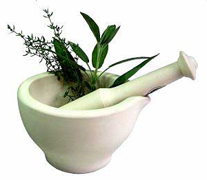herbs with mortar and pestle
